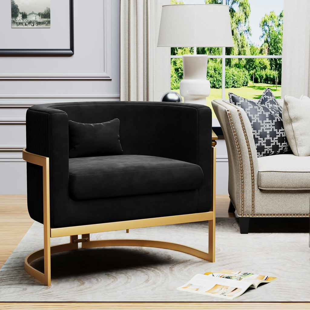 Velvet Accent Chair Black Modern Barrel Chair with Gold Legs Upholstered Armchair for Bedroom Living Room Sofa Chair Club Side Chairs