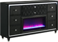 Coaster Home Furnishings - Lorient - Wood and Velvet - 8-Drawer Dresser with Flame Box, LED Lighting, Crystal Knobs and Traditional Style - Bedroom - Black - 223163FB