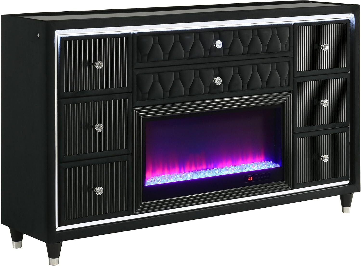 Coaster Home Furnishings - Lorient - Wood and Velvet - 8-Drawer Dresser with Flame Box, LED Lighting, Crystal Knobs and Traditional Style - Bedroom - Black - 223163FB