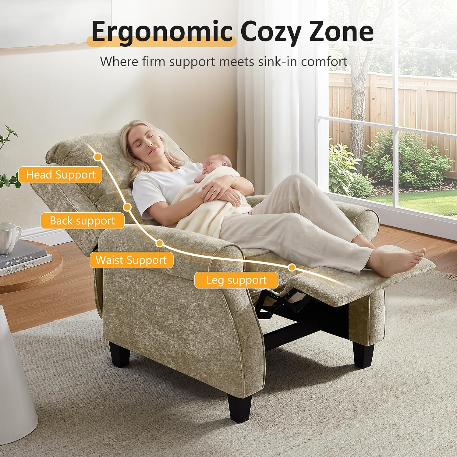 Oversized Recliner Chair, Push Back Recliner Chair with Padded Seat, Comfy Chenille Reclining Armchair, Upholstered Single Sofa for Living Room, Bedroom, Nursery, Reading
