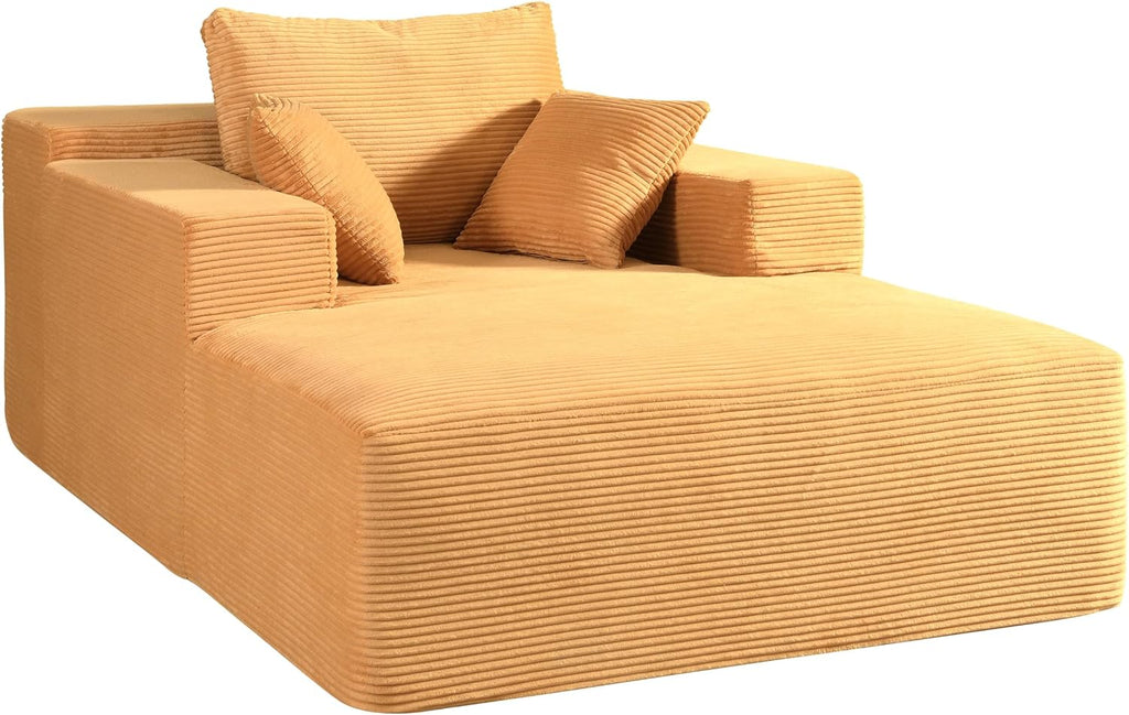 Container Furniture Direct Dawson Convertible Chaise Lounge Chair Indoor – Oversized Corduroy Couch with Wide Armrest & Throw Pillows, Cozy Boneless Sleeper Sofa Bed Armchair, Ginger Yellow