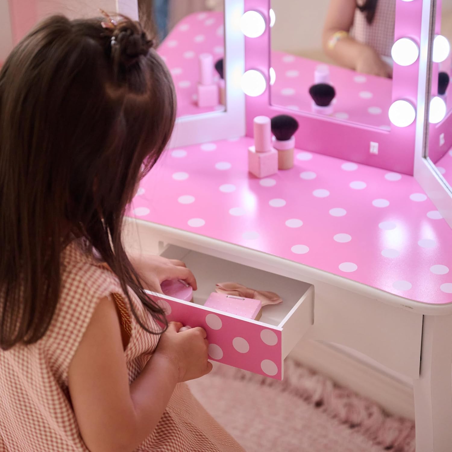 Teamson Kids - Fashion Polka Dot Prints Gisele Play Vanity Set with LED Lights - Pink/White