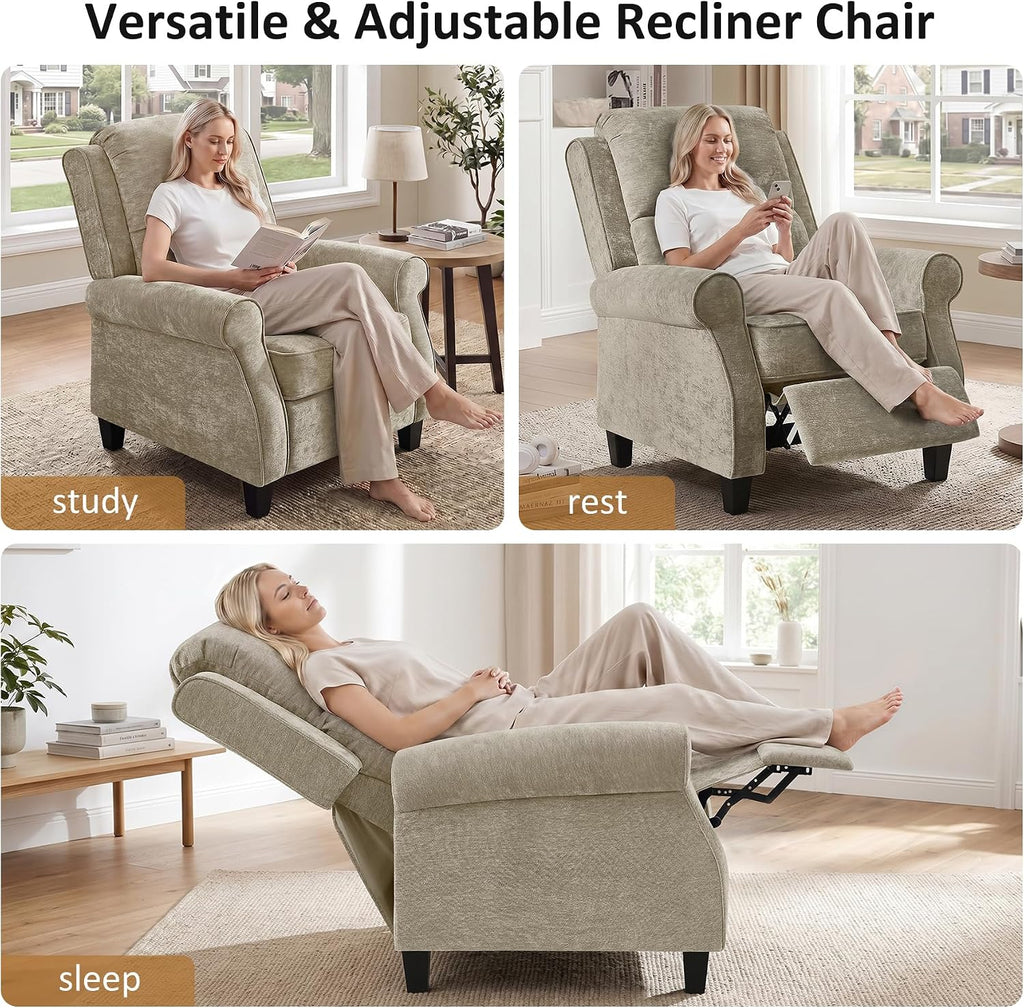 Oversized Recliner Chair, Push Back Recliner Chair with Padded Seat, Comfy Chenille Reclining Armchair, Upholstered Single Sofa for Living Room, Bedroom, Nursery, Reading