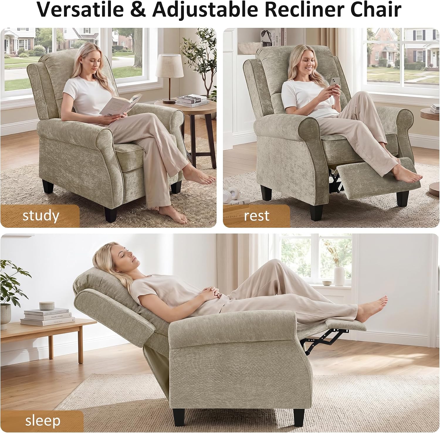 Oversized Recliner Chair, Push Back Recliner Chair with Padded Seat, Comfy Chenille Reclining Armchair, Upholstered Single Sofa for Living Room, Bedroom, Nursery, Reading