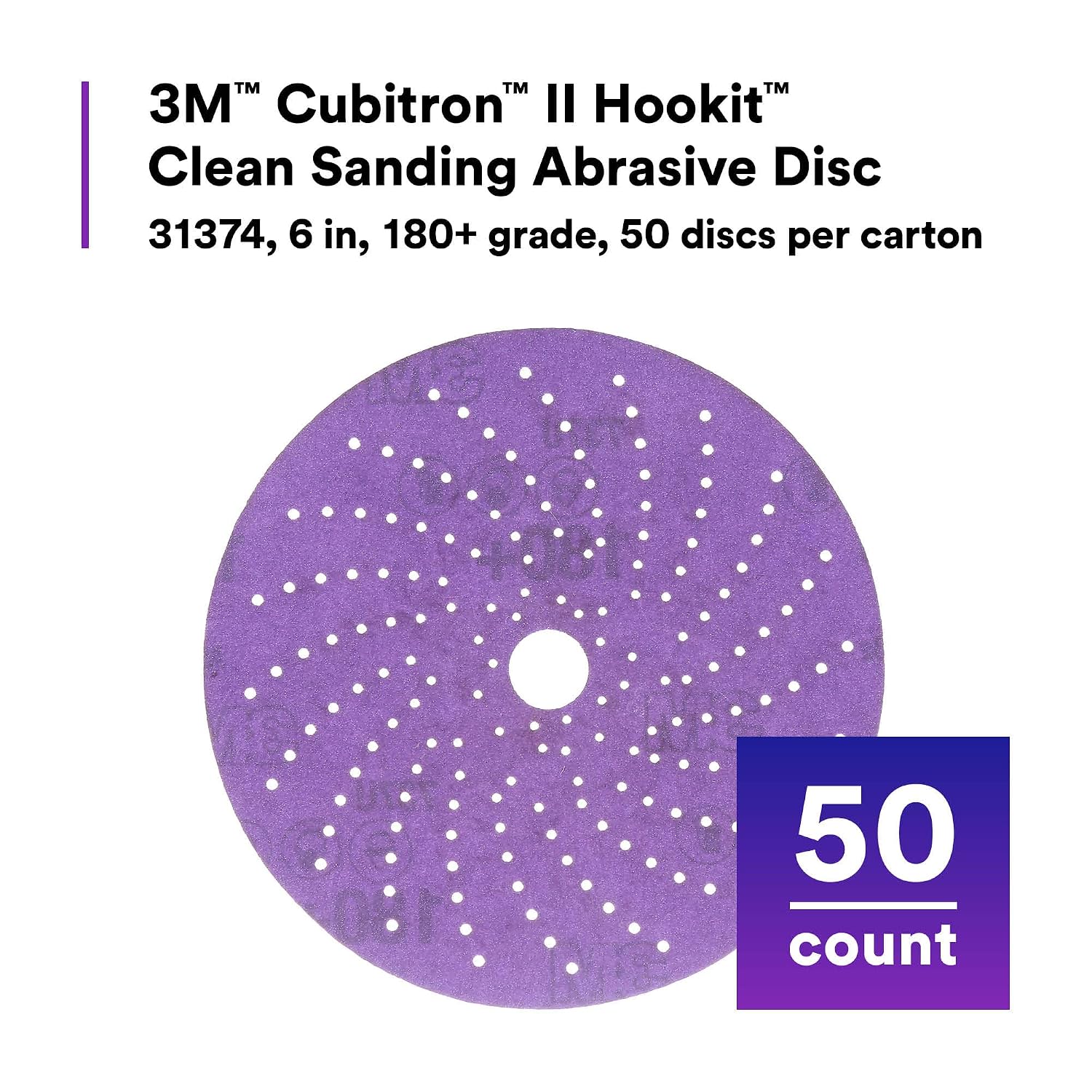3M Cubitron, Hookit Clean Sanding Abrasive Disc 31374, 6 in, 180+ Grade, 50 Count Discs, Virtually Dust-Free, High Performance, Multi-Hole Pattern, Feather Edging, Stock Removal (Pack of 4)