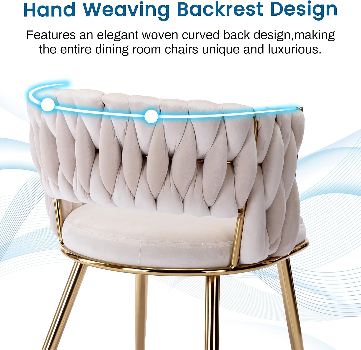KCC Modern Velvet Dining Chairs Set of 2, Upholstered Living Room Chair with Woven Back and Golden Metal Legs, Mid-Century Accent Side Chair for Living Dining Room, Kitchen, Beige