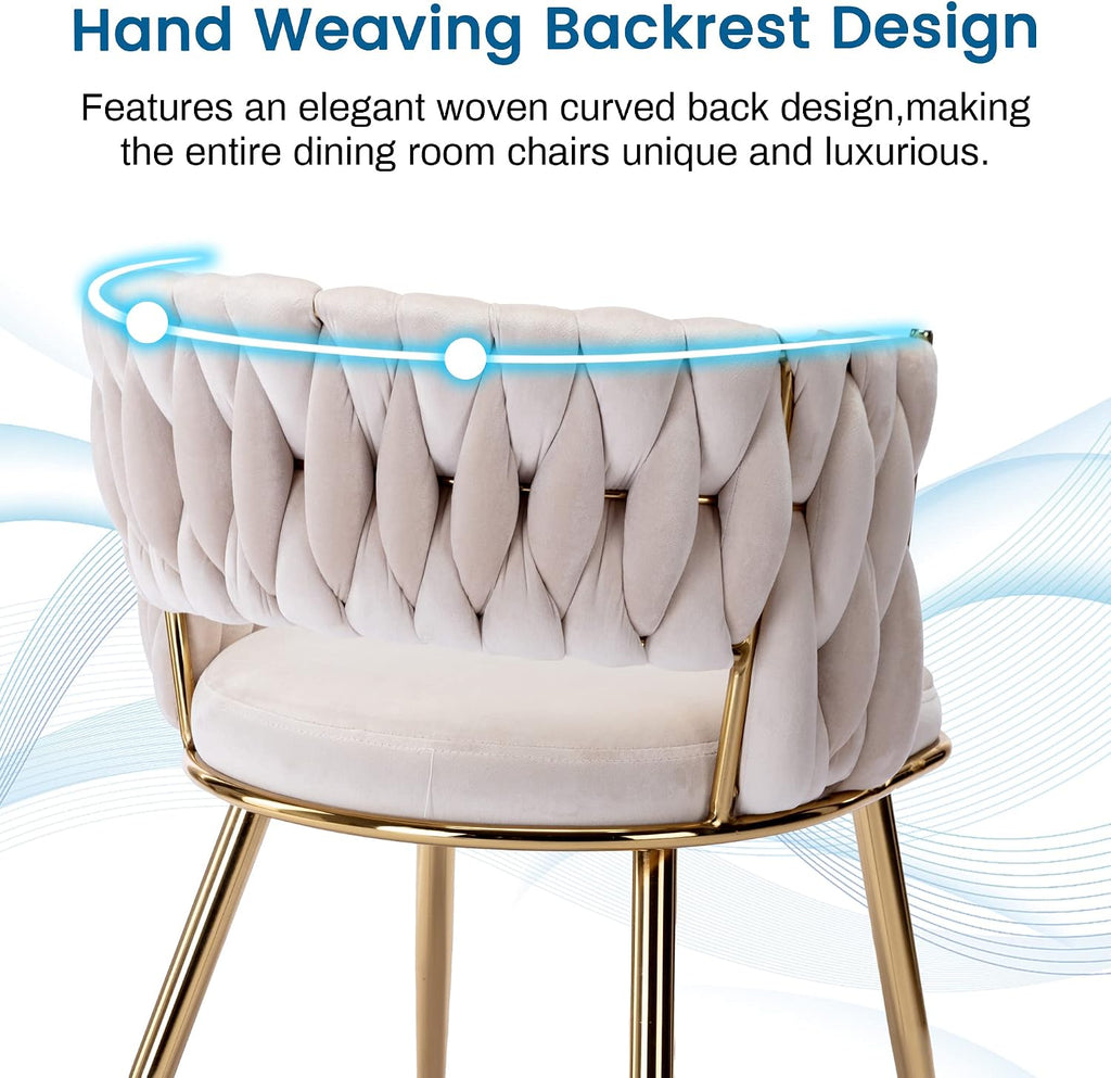 KCC Modern Velvet Dining Chairs Set of 4, Upholstered Living Room Chair with Woven Back and Golden Metal Legs, Mid-Century Accent Side Chair for Dining Room, Kitchen, Beige