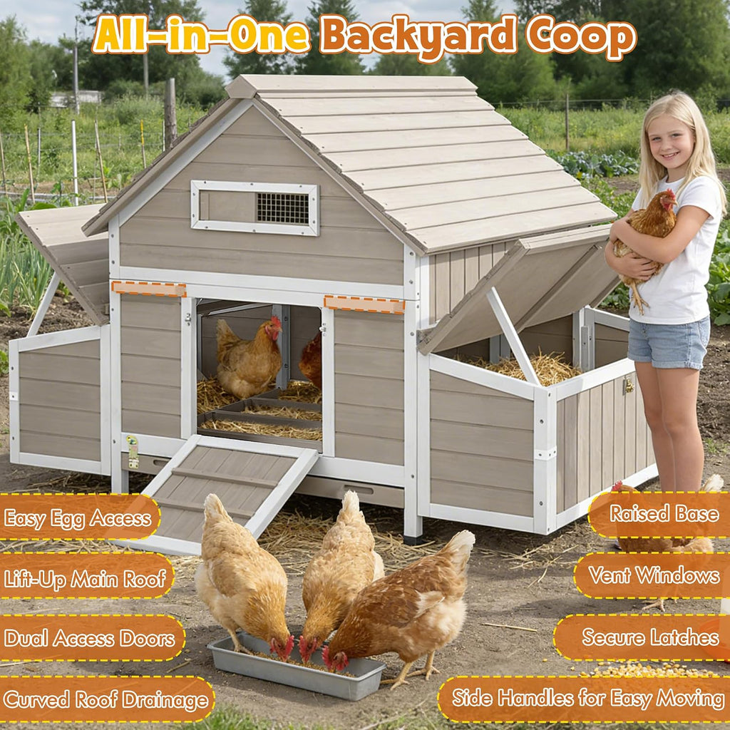 Ketive Large Chicken Coop for 2–4 Chickens Outdoor Poultry Cage Wooden Hen House with 6 Nesting Boxes, Reinforced Boxes, Dual Ramp Doors, Curved Wood Roof, Tray, Expandable (61.1'L x 38'W x 40.2'H)