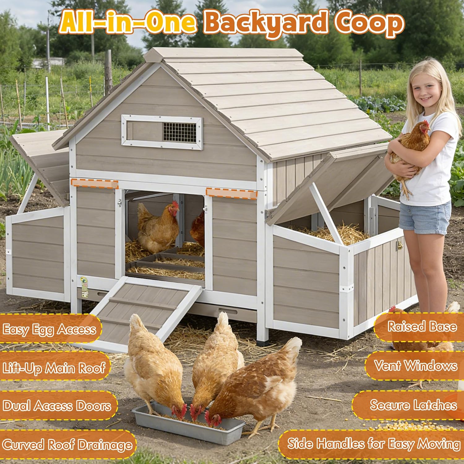Ketive Large Chicken Coop for 2–4 Chickens Outdoor Poultry Cage Wooden Hen House with 6 Nesting Boxes, Reinforced Boxes, Dual Ramp Doors, Curved Wood Roof, Tray, Expandable (61.1'L x 38'W x 40.2'H)