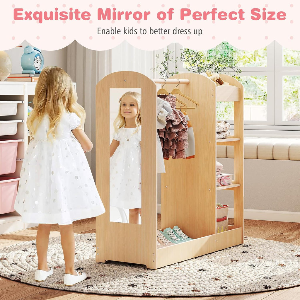 Costzon Kids Dress up Storage with Mirror, Clothes Rack, 3-Tier Shelves, Bottom Tray, Pretend Play Costume Dresser Organizer Center, Open Hanging Armoire Closet for Little Girls (Natural)