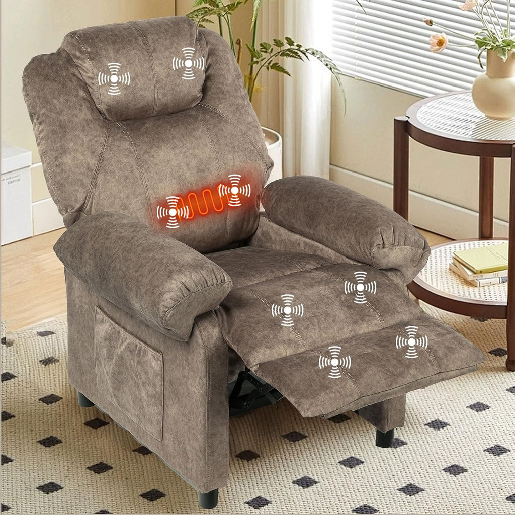 Massage Recliner Chair with Heat,Overstuffed Fabric Recliner Chairs with Heating,Small Recliner for Living Room Bedroom, Manual Reclining Single Sofa Recliners Lounge Chair for Adult,Brown