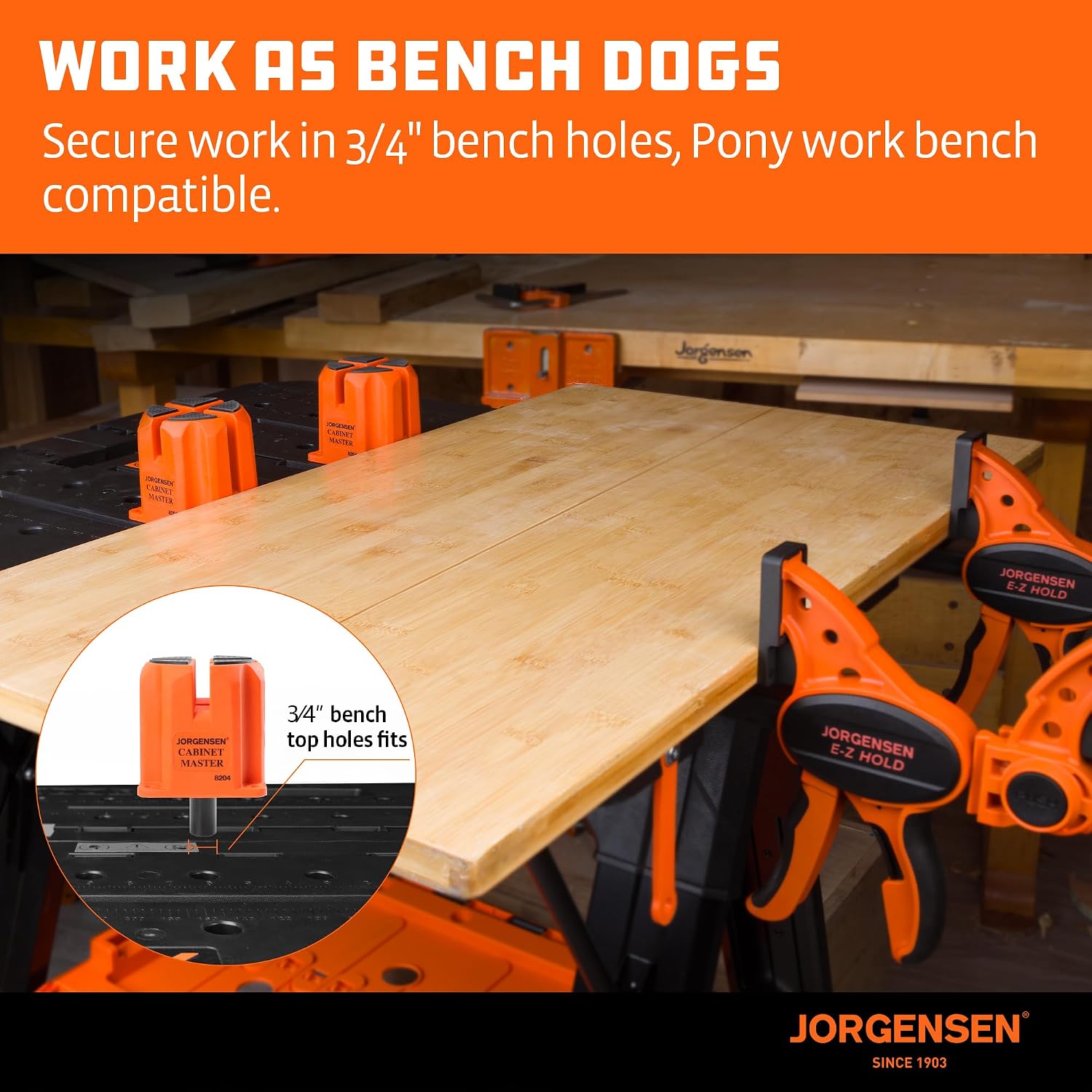JORGENSEN 36-Inch Parallel Bar Clamp 2-Pack & 3-in-1 Support Block 4-Pack, Heavy-Duty Cabinet Master Clamp for Woodworking Glue-Up, 2200 lbs Force, Quick Release, Spreader Function + Riser Blo