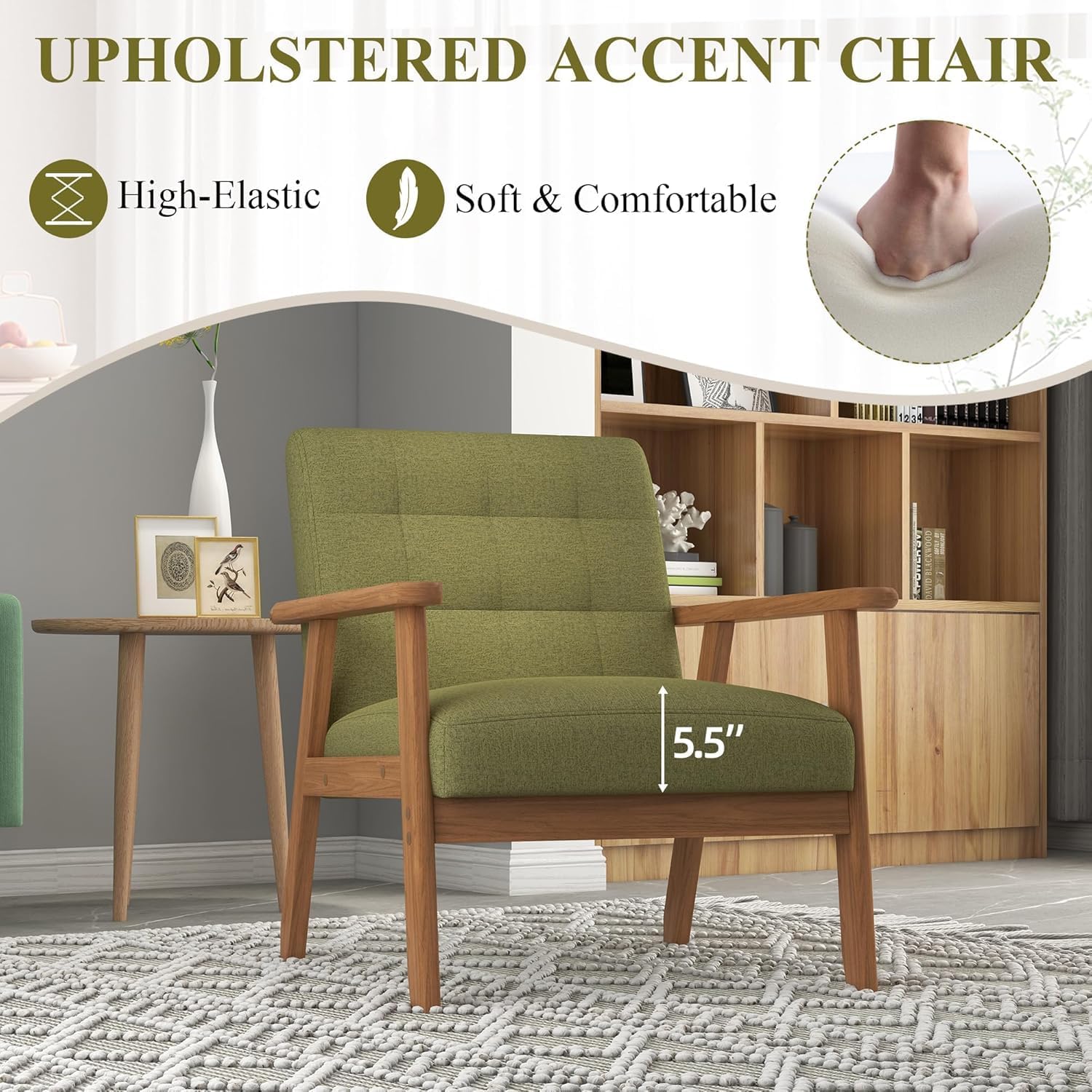 Westice Accent Chairs Set of 2, Mid-Century Living Room Chairs with Solid Wood Frame & Soft Thicken Cushion, Upholstered Arm Reading Chair for Bedroom, Balcony, Green Linen Fabric & Natural Legs
