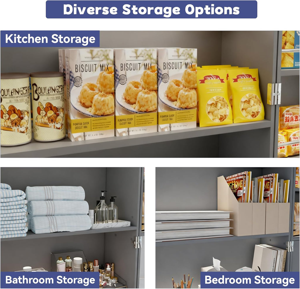 FJTJBSI 72' LED Kitchen Pantry Cabinet with 3 Drawers Farmhouse Tall Storage Cabinet Wood Food Pantry with Barn Doors and Adjustable Shelves Versatile Storage Freestanding Cupboard for Kitchen