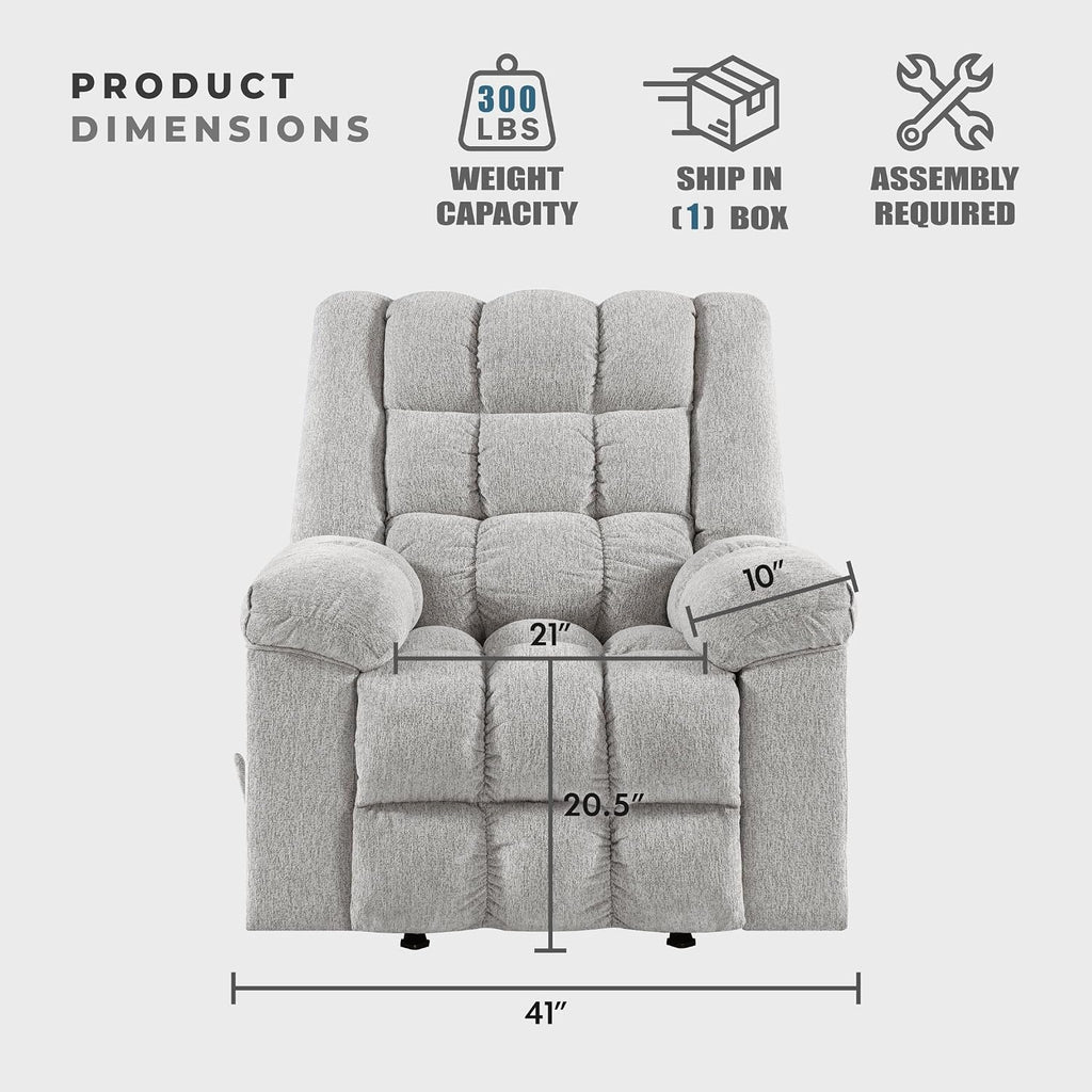 Lexicon Chenille Rocker Reclining Chair for Adults, Rocker Pull Handle Recliner, Nursery Chair for Living Room/Bedroom, High Back, Pillow Top Arms, High Density Foam Cushions, Light Grey