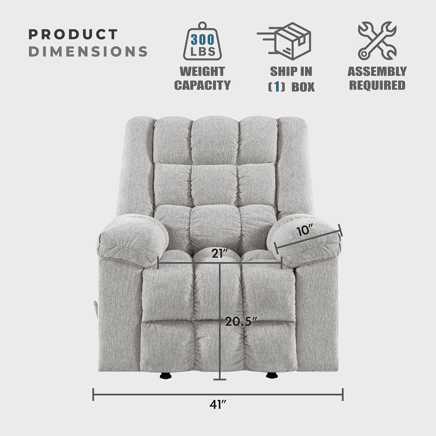 Lexicon Chenille Rocker Reclining Chair for Adults, Rocker Pull Handle Recliner, Nursery Chair for Living Room/Bedroom, High Back, Pillow Top Arms, High Density Foam Cushions, Light Grey