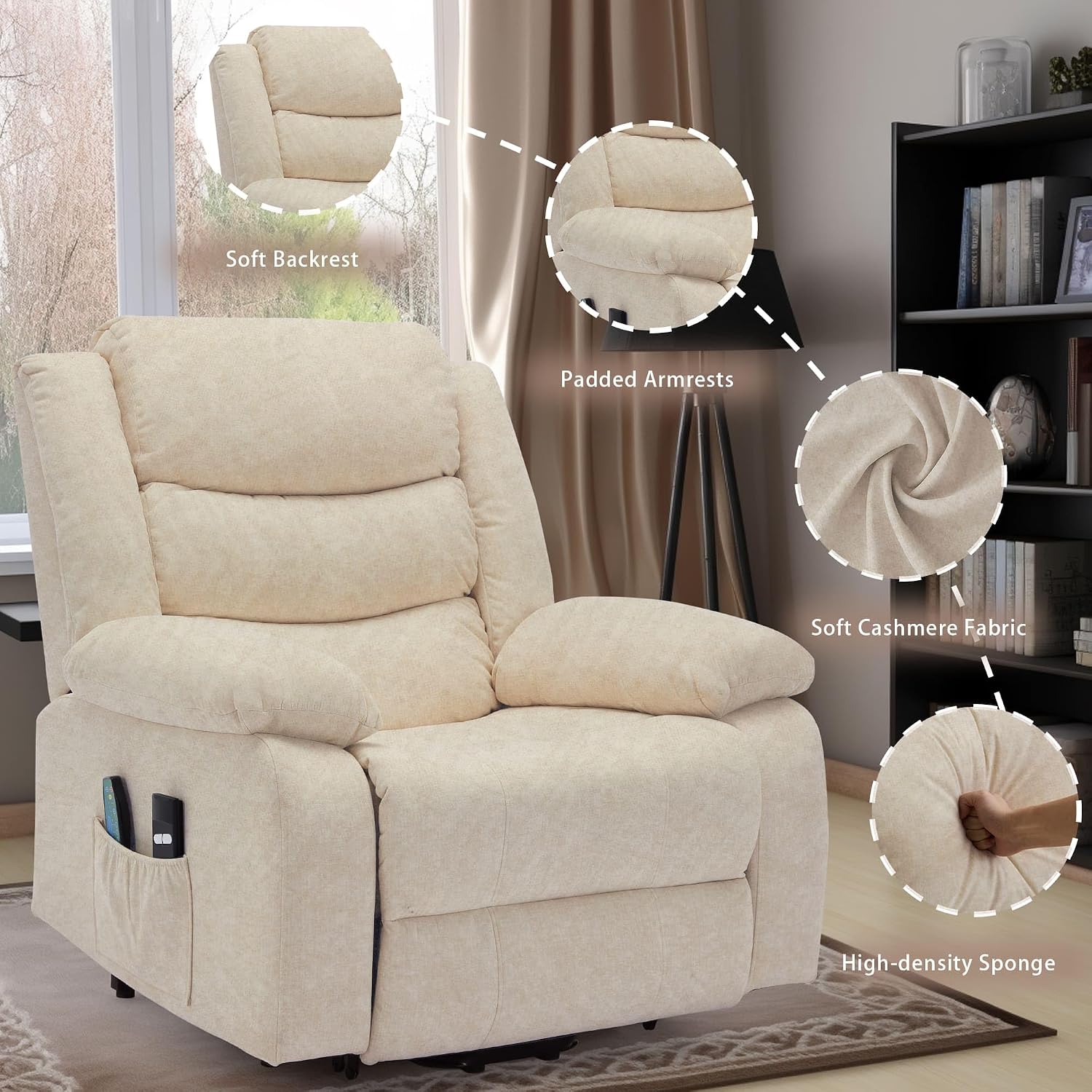 Korser Oversized Power Lift Recliner for Elderly, Extra Wide Electric Recliner Chairs with Massage and Heat, Reclining Chair with Side Pockets, Recliner for Living Room (Cashmere, Khaki)