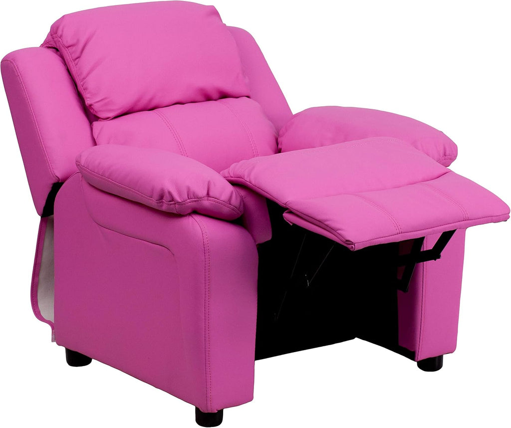 Flash Furniture Charlie Vinyl Kids Recliner with Flip-Up Storage Arms and Safety Recline, Contemporary Reclining Chair for Kids, Supports up to 90 lbs., Hot Pink