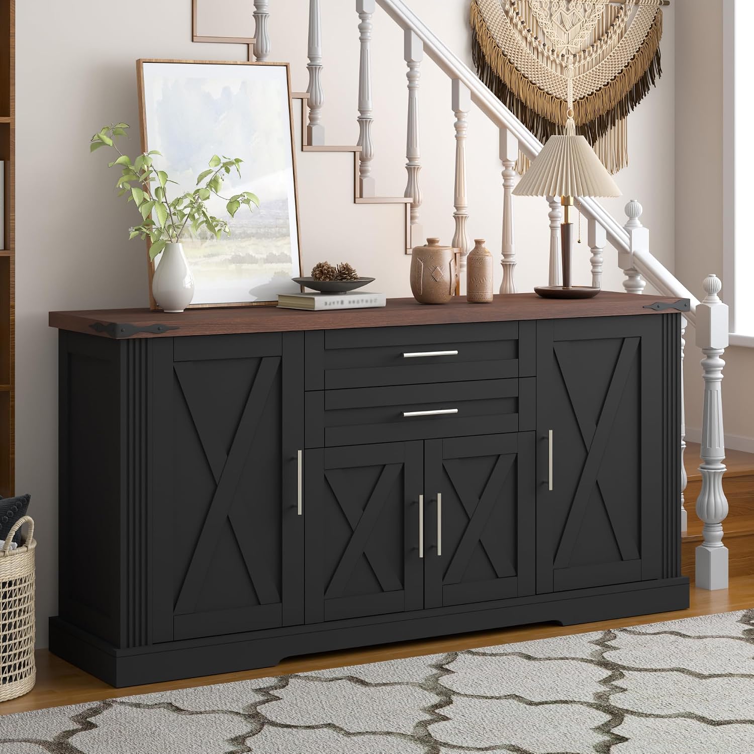 RiteSune 63' Farmhouse Buffet Sideboard Cabinet, Large Kitchen Sideboard Storage with 2 Drawers and 4 Doors, Buffet Table for Dining Room, Living Room, Black