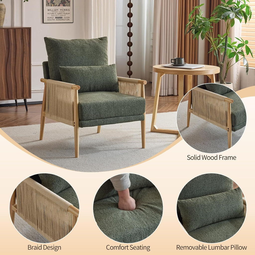 Karl home Cozy Chenille Accent Chair with Lumbar Pillow & Rattan Arms Modern Lounge Chair for Living Room, Bedroom, Reading Nook, Green
