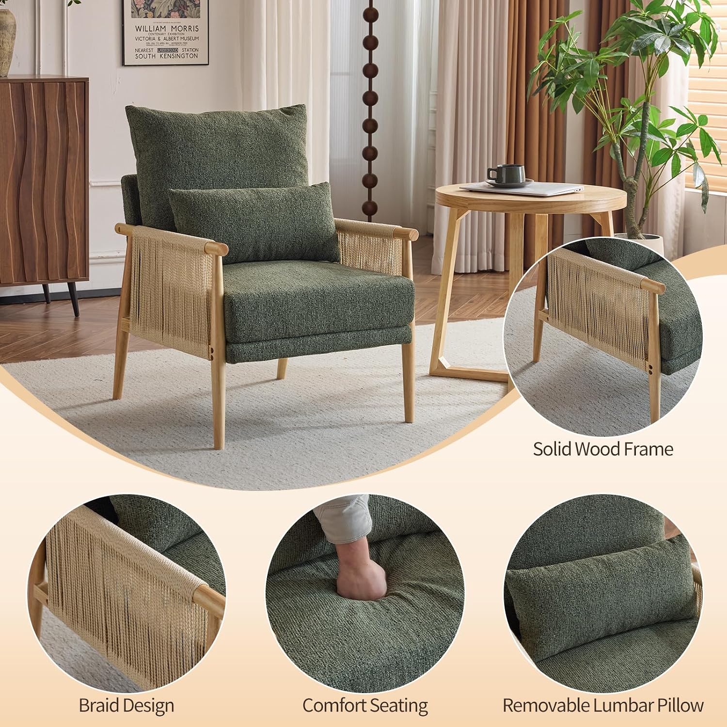 Karl home Cozy Chenille Accent Chair with Lumbar Pillow & Rattan Arms Modern Lounge Chair for Living Room, Bedroom, Reading Nook, Green