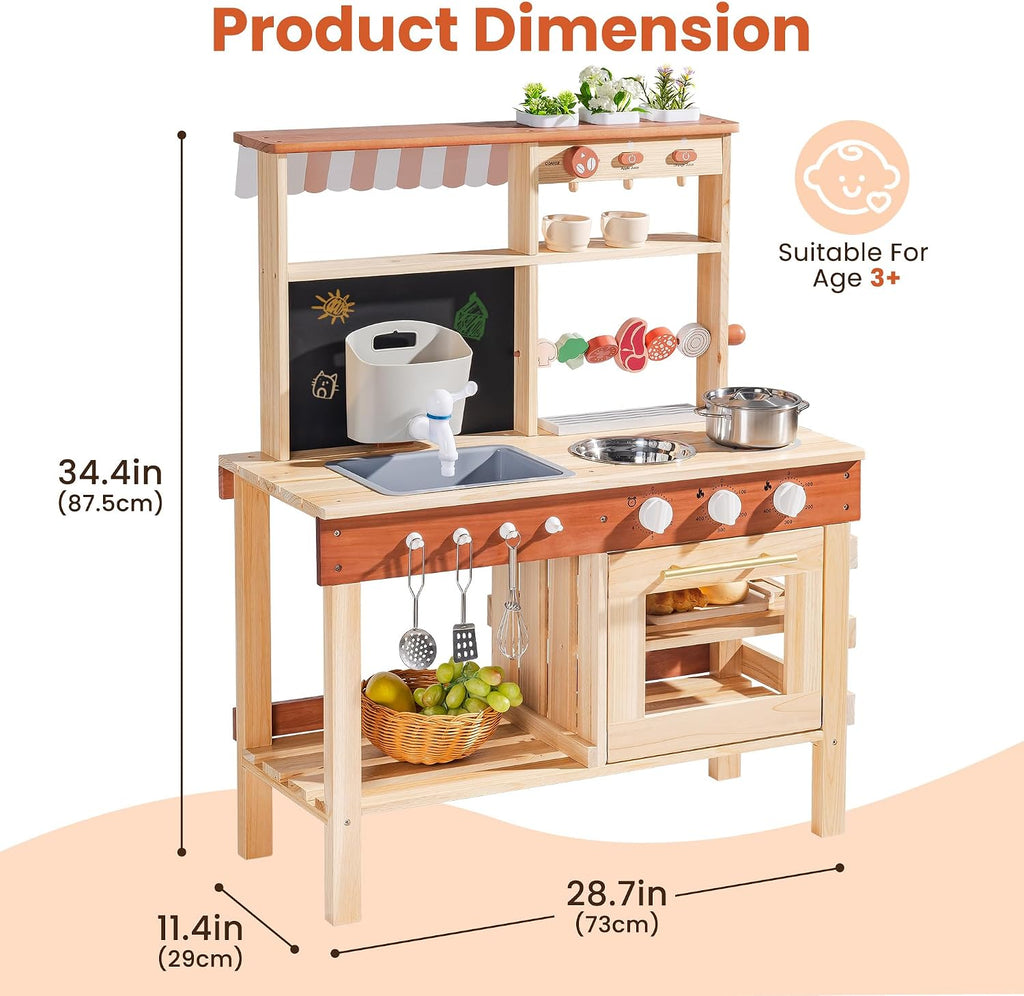 ROBOTIME Kids Mud Kitchen, Wooden Mud Kitchen for Kids Outdoor with Real Water Play Sink, BBQ Grill, Coffee Maker & Planting Station, Large Storage Outdoor Play Kitchen, Kitchen Toys for Ages 3+