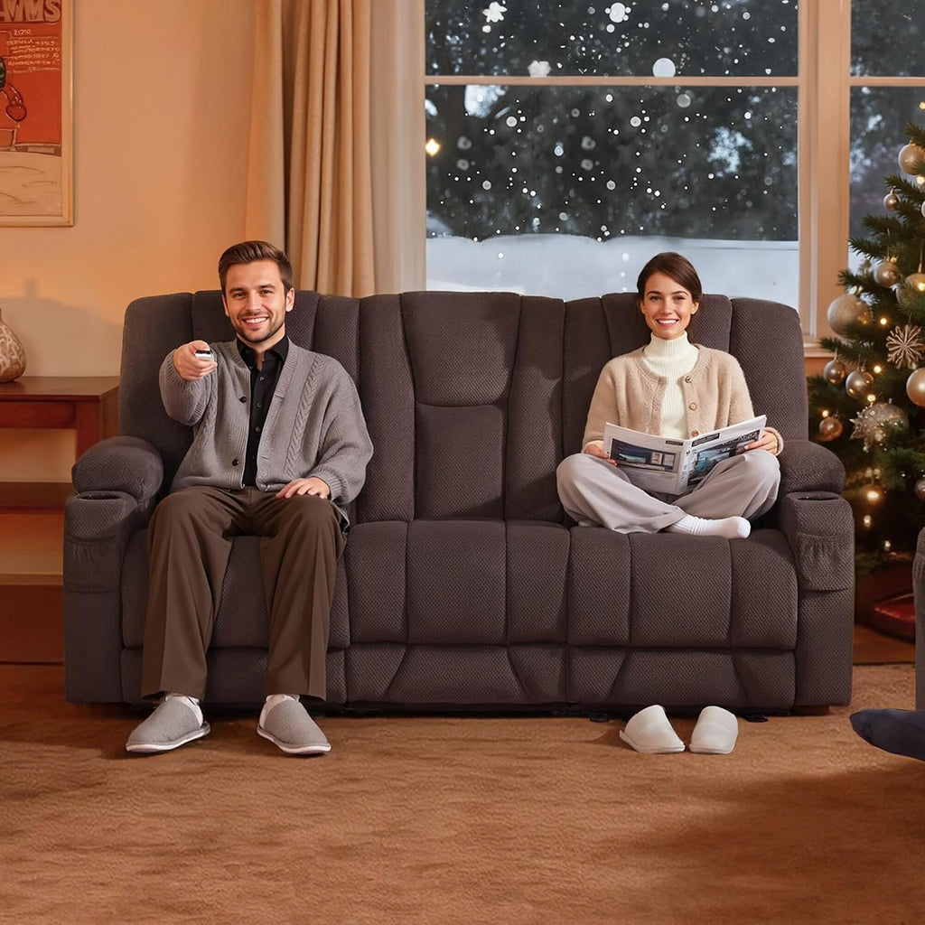 MCombo Zero Gravity 3 Seater Power Reclining Sofa, Heat and Vibration Massage, Recliner Couch for Living Room, Fabric 6035SET (Grey, 3 Seater)