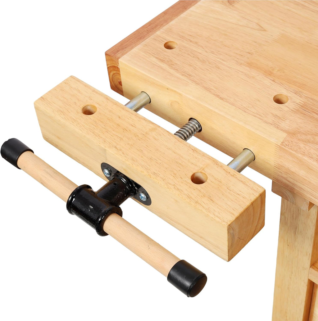 Montary 50' Professional Rubberwood Heavy Duty Workbench with 3 Drawers, 1 Cabinet Door & Open Shelf Integrated Vises, Wood Work Bench for Garage, Woodworking Carpenter Workshop & Home Use