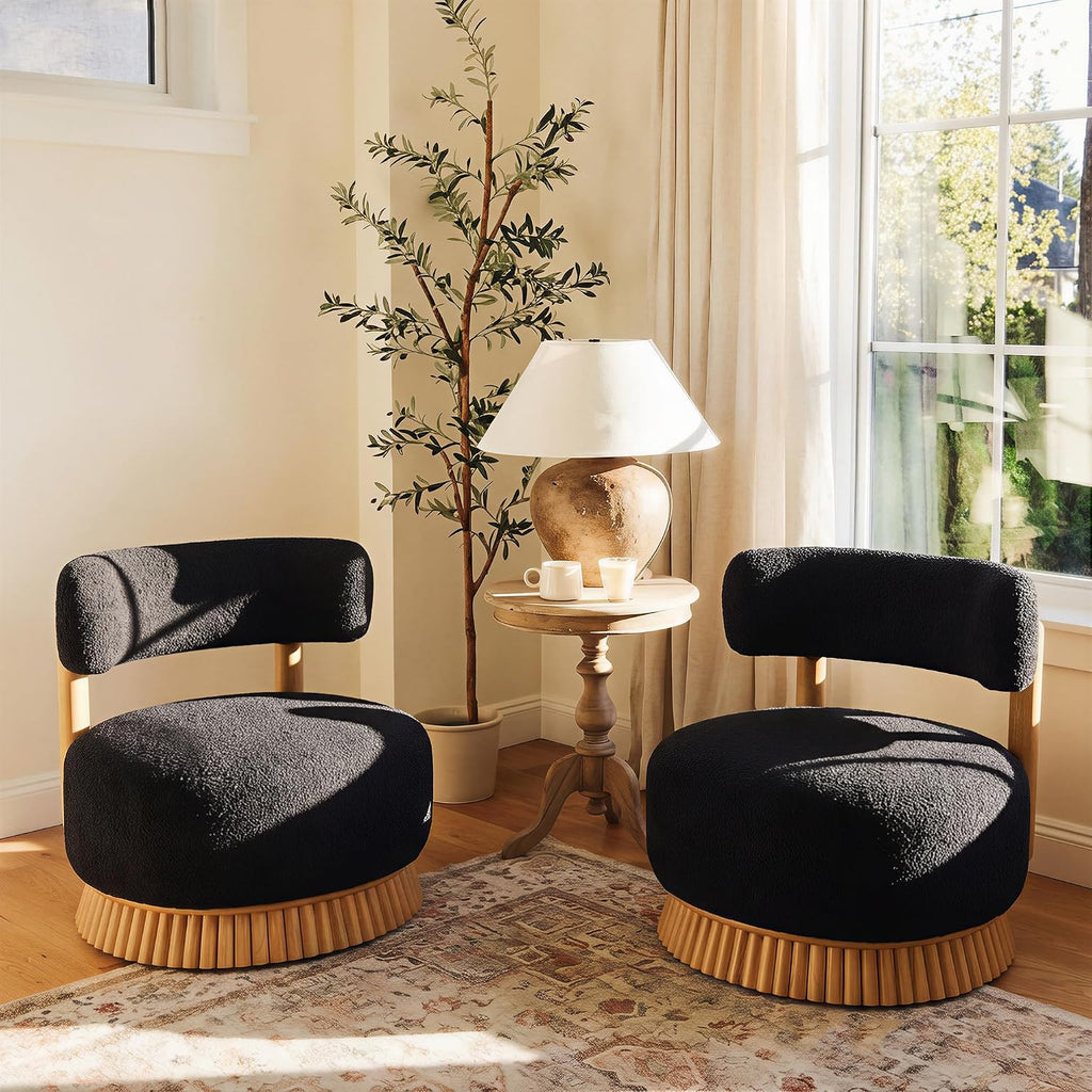 Christopher Knight Home Eloise Modern Accent Chair Set of 2, Boucle Upholstered Lounge Chair Indoor with Wooden Frame, Comfy Reading Chair for Bedroom, Black+Natural