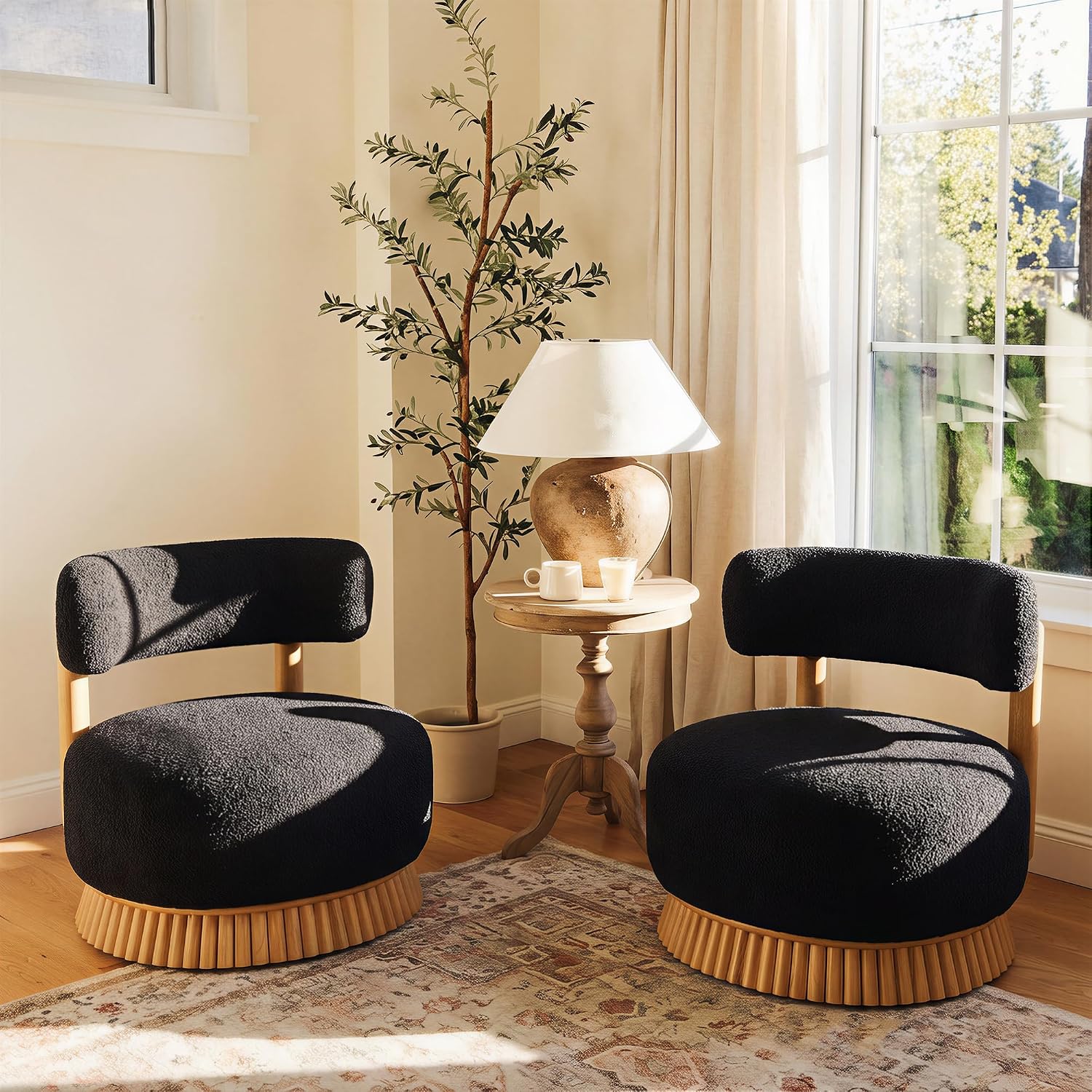 Christopher Knight Home Eloise Modern Accent Chair Set of 2, Boucle Upholstered Lounge Chair Indoor with Wooden Frame, Comfy Reading Chair for Bedroom, Black+Natural