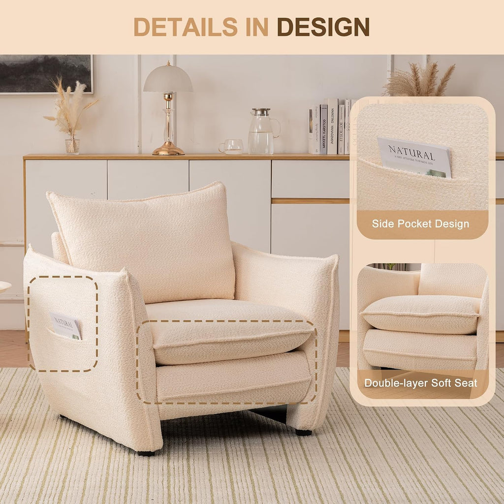 Oversized Accent Chair, Modern Single Sofa Cloud Chairs with Removable Pillow, Deep Seat Comfy Armchair for Living Room Bedroom Reading Nook - Upholstered Lounge Chair (Beige)