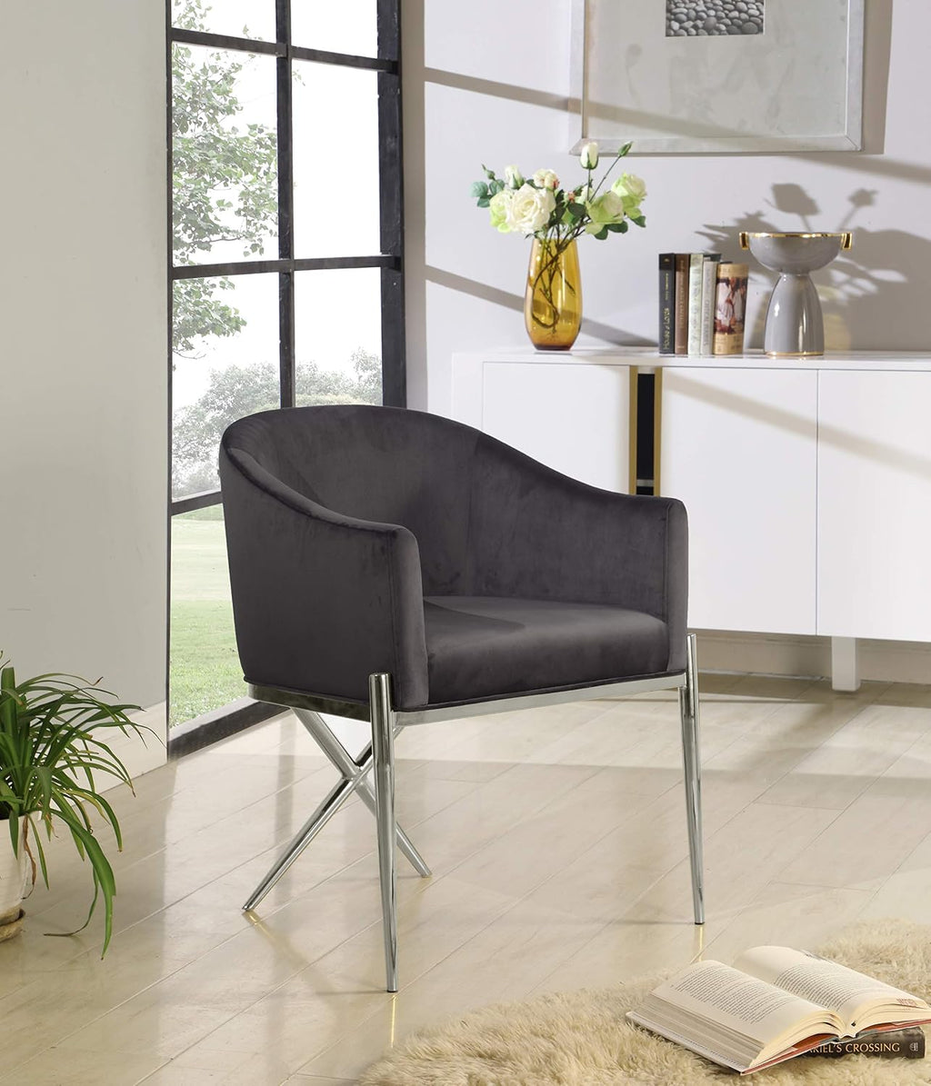 Meridian Furniture Xavier Collection Modern | Contemporary Velvet Upholstered Dining Chair with Sturdy Steel X Shaped Legs, 25.5' W x 24.5' D x 31.5' H, Grey