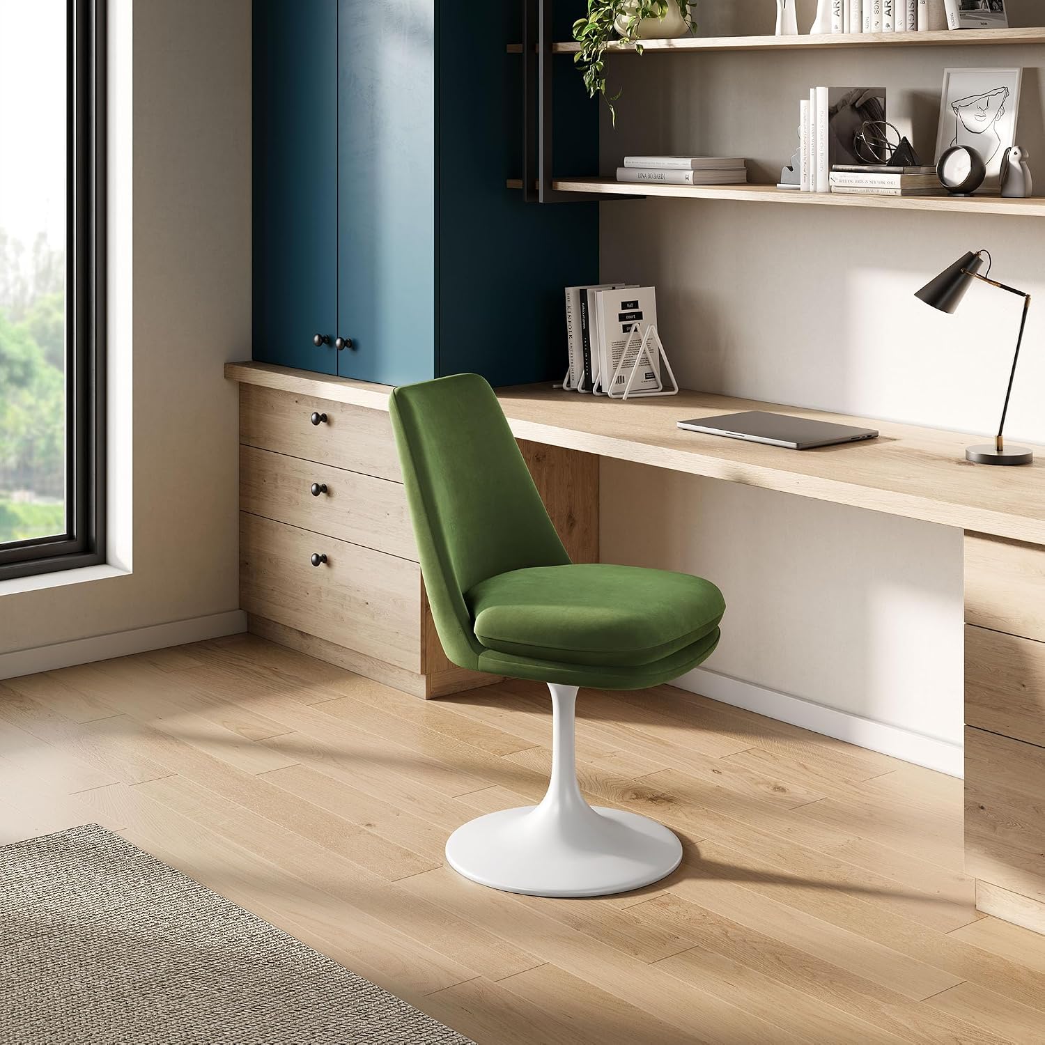 Modway Lippa Velvet Swivel Dining Side Chair in White Moss Green - Armless Accent Chair with Stain-Resistant Performance Velvet Upholstery - 360° Rotating Office Chair
