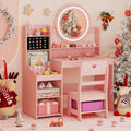 Costzon Kids Vanity, Girls Vanity Set with Mirror and Lights, Jewelry Storage, Shelves, Princess Toddler Makeup Vanity Desk Dressing Table, Wooden Kids Vanity Table and Chair Set (Pink)