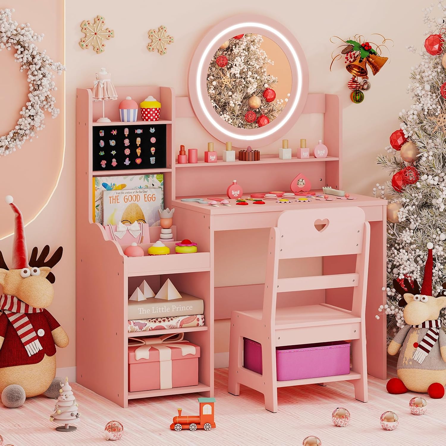 Costzon Kids Vanity, Girls Vanity Set with Mirror and Lights, Jewelry Storage, Shelves, Princess Toddler Makeup Vanity Desk Dressing Table, Wooden Kids Vanity Table and Chair Set (Pink)
