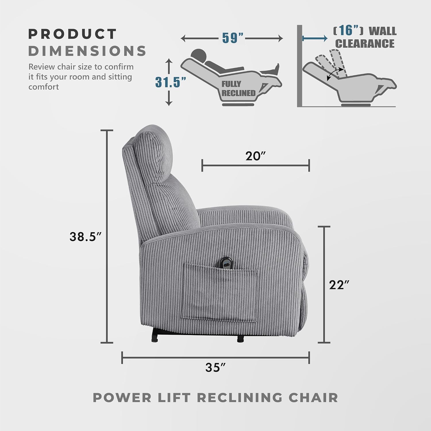 Lexicon Power Lift Recliner Chair for Elderly with Remote Control, Gentle Lift Motion, Side Pocket Armrest, Corduroy Upholstered Electric Recliner for Living Room/Bedroom, Easy Assembly, Dark Gray