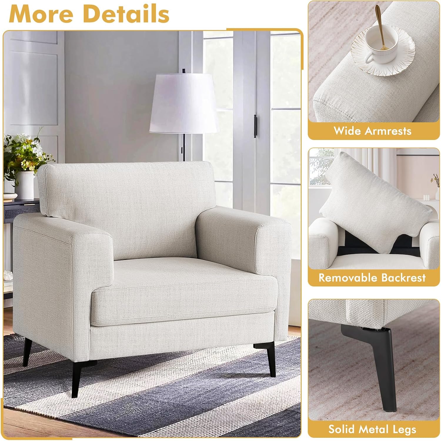 CDCASA Accent Chair, Linen Fabric Oversized Mid Century Modern Chair Set of 2, Comfy Upholstered Armchair Reading Accent Chairs Sofa Chairs for Bedroom Living Room,Beige