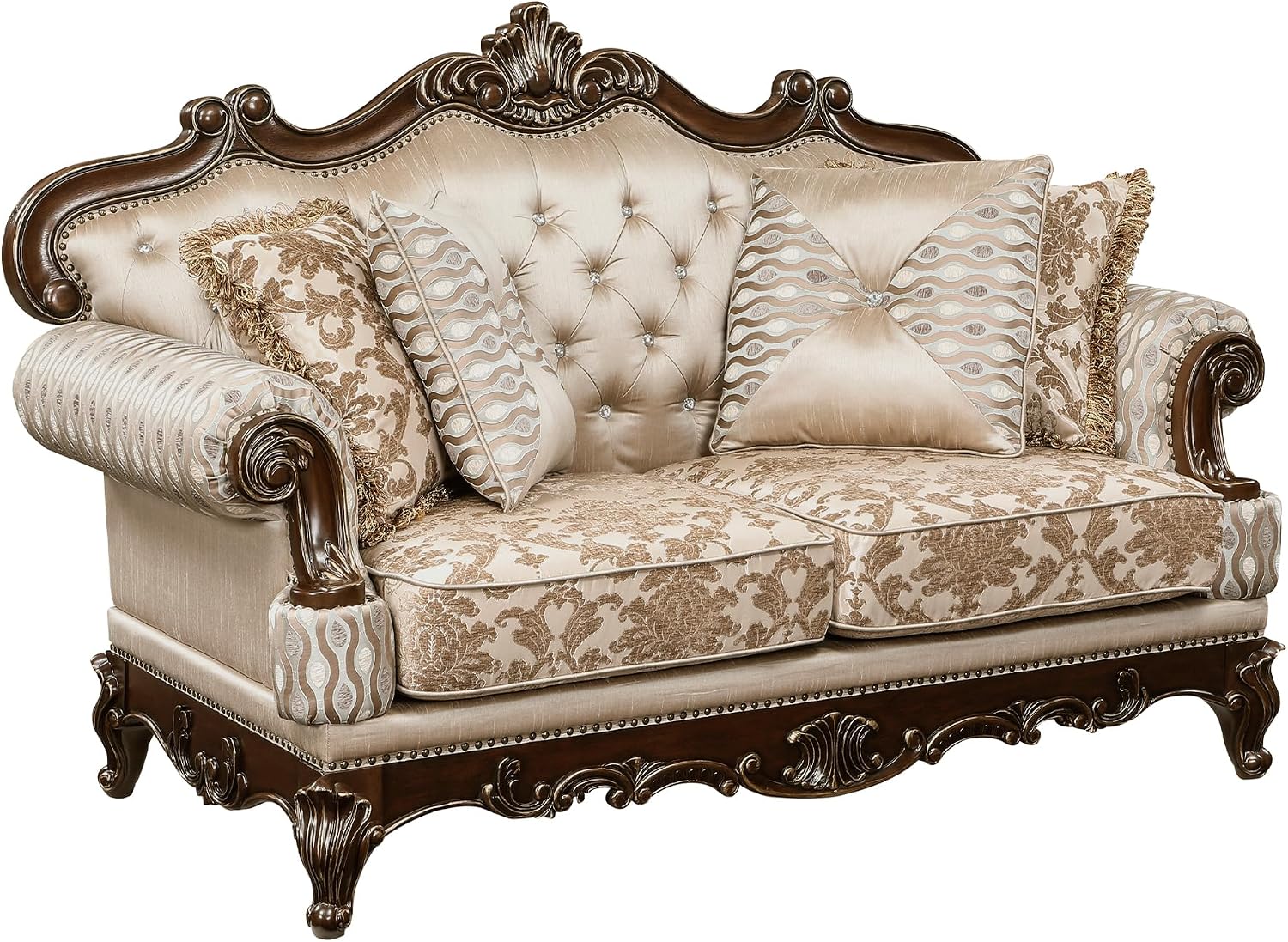 Lexicon Traditional Sofa Couch for Living Room, Rolled Arm Sofa with 4 Accent Pillows, Tufting, Queen Legs in Cherry Finish with Gold Tipping, Upholstered Living Room Furniture, 2 Seater Couch, Brown