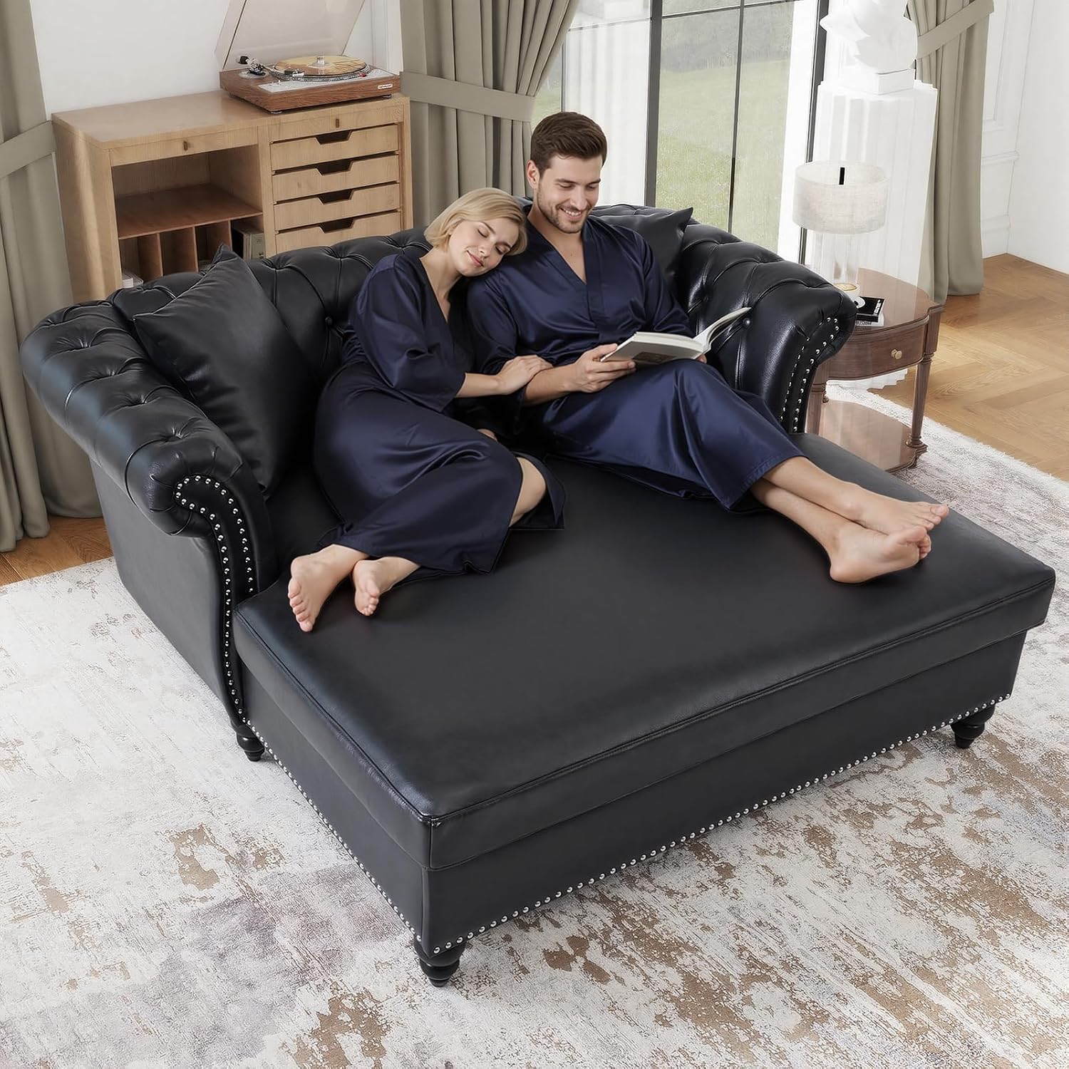 63' Oversized Chaise Lounge Comfy Reading Chair, Faux Leather Chesterfield Loveseat Sofa with Tufting Back & Rolled Arm with 2 Pillows, Comfy Couch for Indoor Relaxation, Living Room, Black