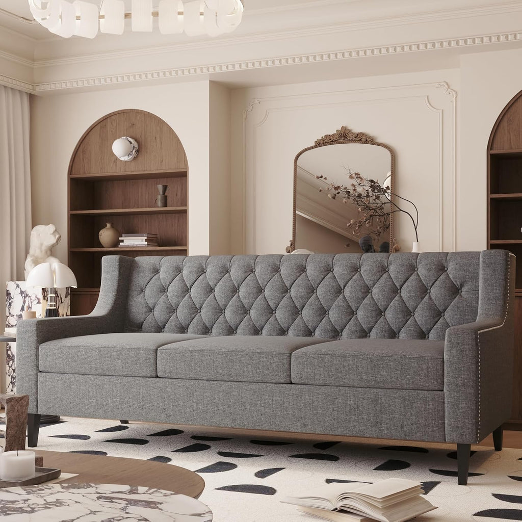 GDFStudio 78.75' 3-Seater Sofa, Button Tufted Backrest Big Comfy Couch with Plush Cushions, Mid Century Modern Couches Home Living Room Sofa, Upholstered Sofas & Couches for Apartment Bedroom, Grey