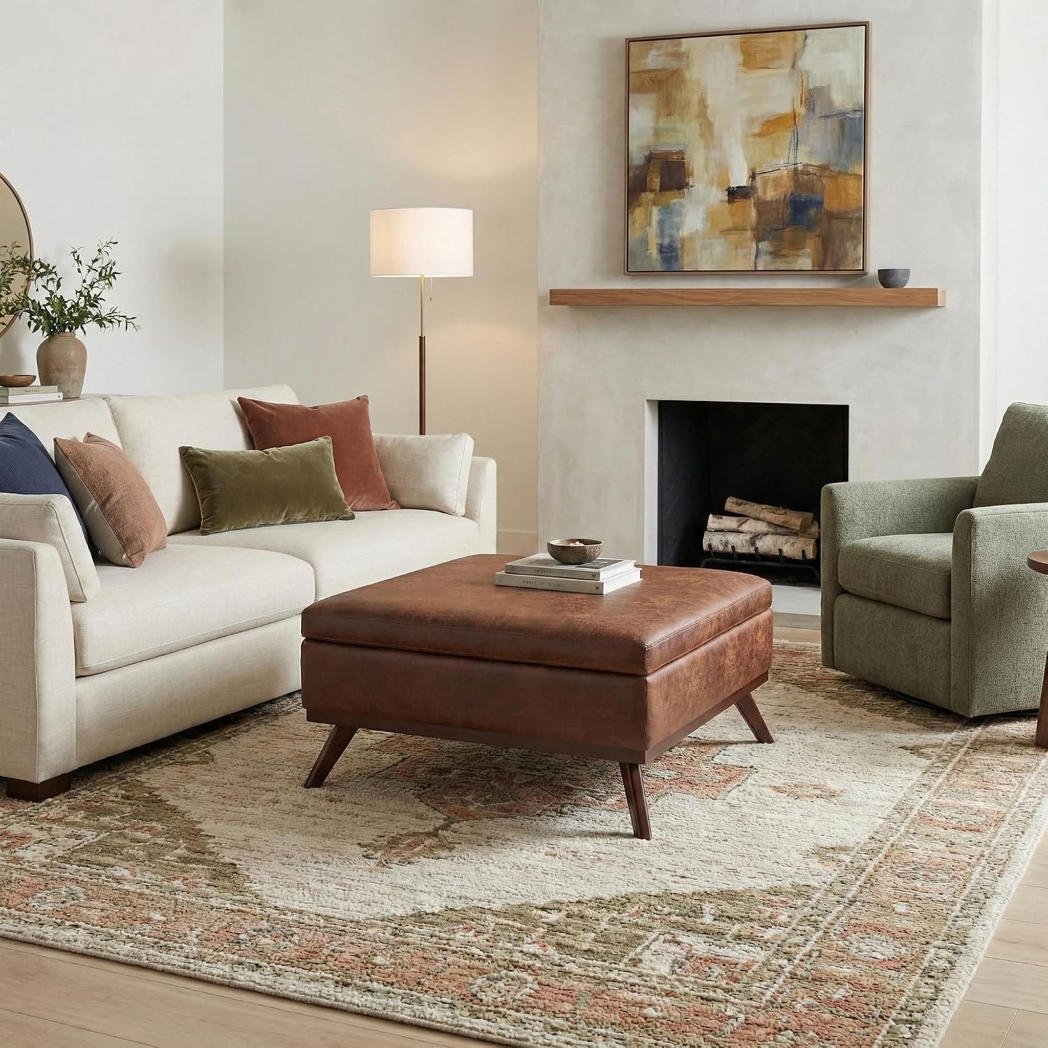 SIMPLIHOME Owen Square Coffee Table Storage Ottoman - 36 inch Wide Upholstered Vegan Leather Lift-Top Ottoman in Distressed Saddle Brown, Mid-Century Modern Ottoman for Living Room with Tufted Detail