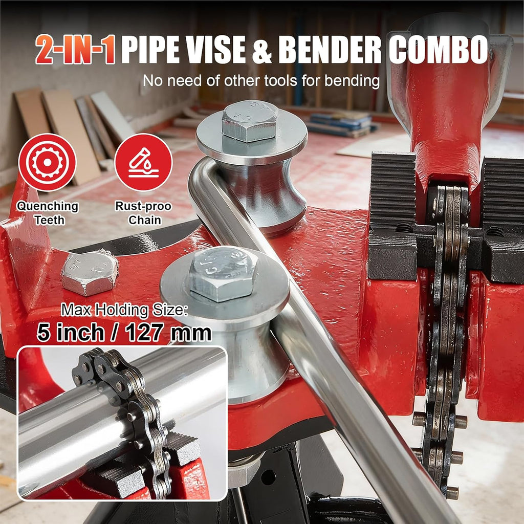 Pipe Vise Stand with Chain, 2-in-1 Bender, 882LB Capacity, Folding Tripod for 1/8'-5' Pipes