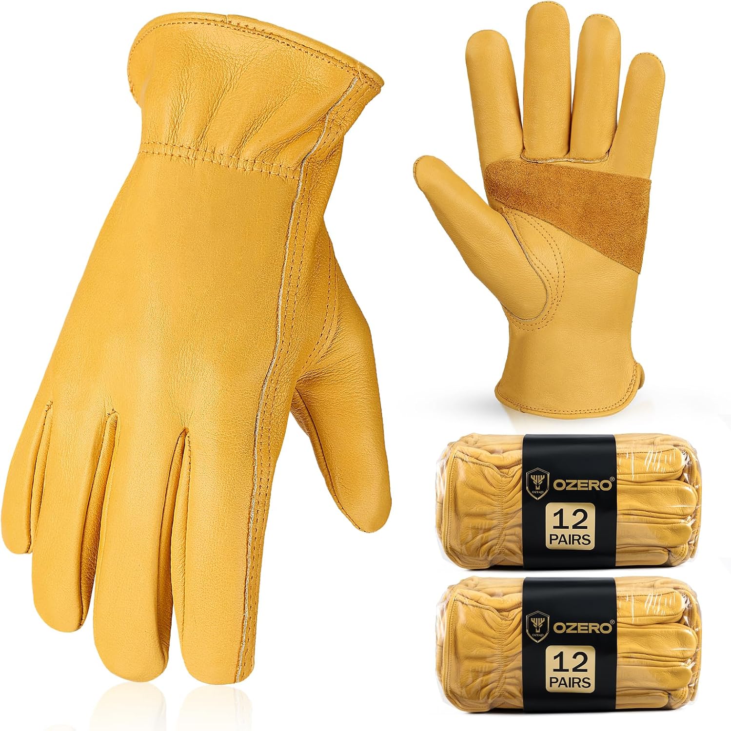 OZERO Leather Work Gloves for Men, Cowhide Gardening Gloves with Reinforced Palm, Flexible Keystone Thumb, Elastic Wrist