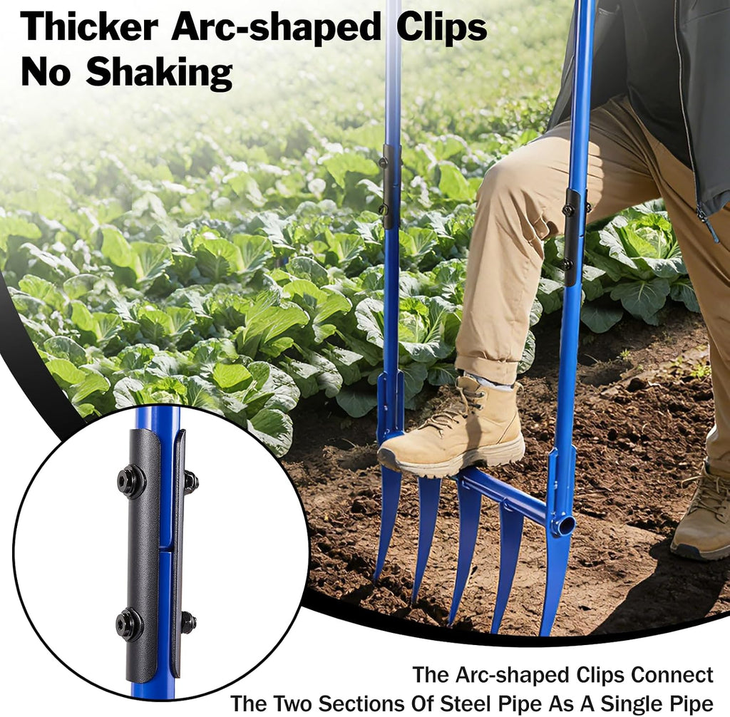 56'' Heavy Duty Broadfork for All the Soils, Unbreakable Design Pitchfork, 5 Sharp and Cambered 11'' Tines Bord Fork Garden Tool, Ergonomic Handles, Good Package, Easy Assembly, Blue.