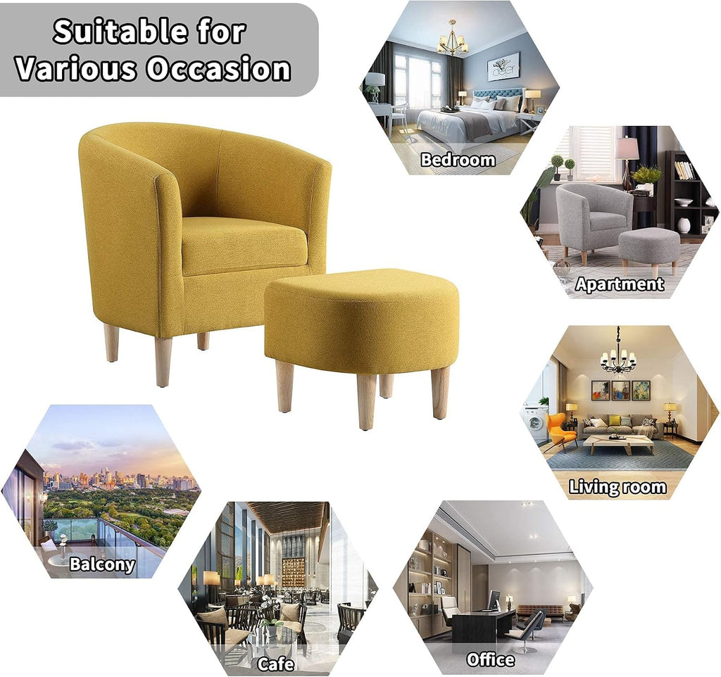 DAZONE Modern Accent Chair, Upholstered Arm Chair Linen Fabric Single Sofa Chair with Ottoman Foot Rest Mustard Yellow Comfy Armchair for Living Room Bedroom Small Spaces Apartment Office
