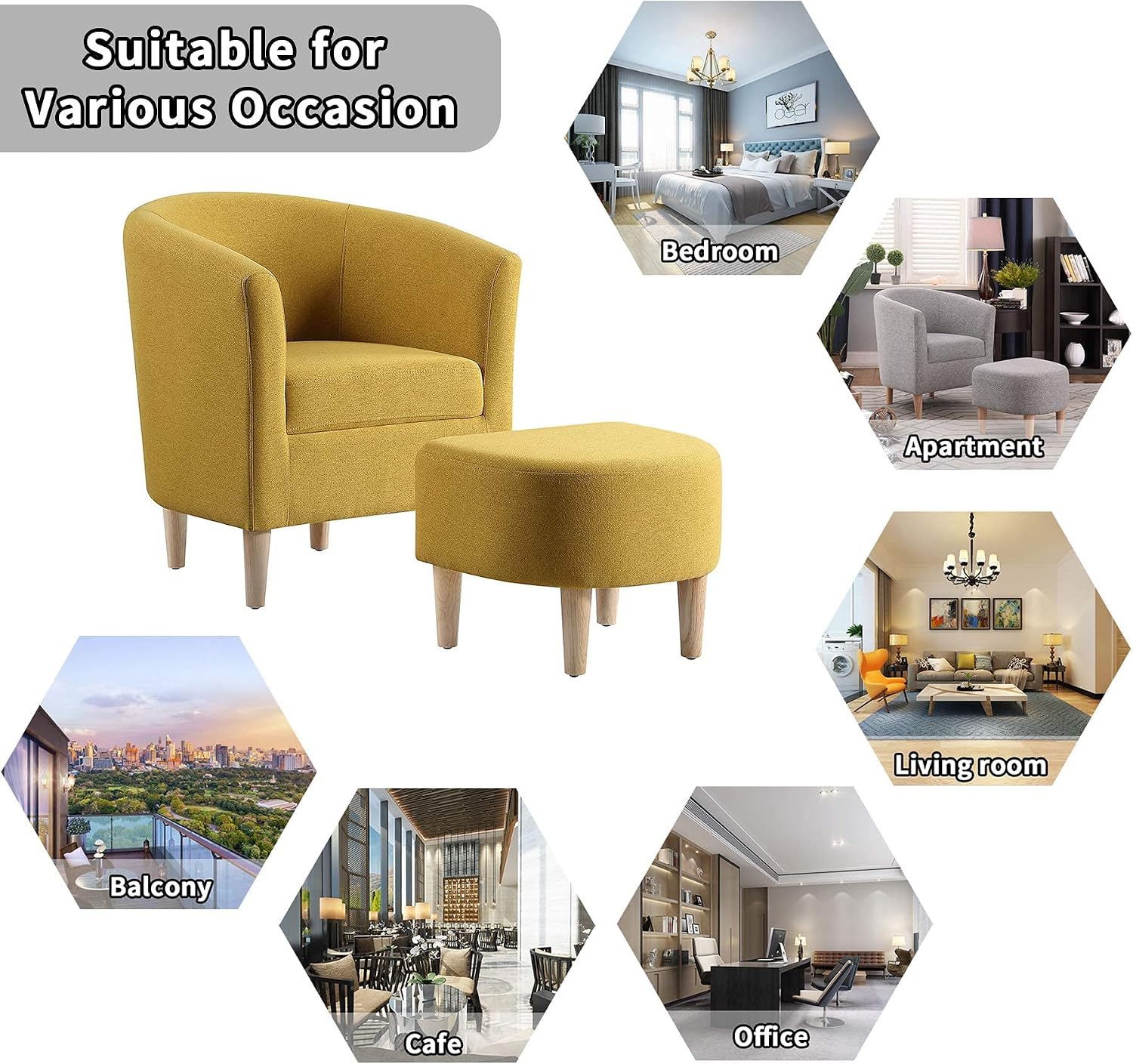 DAZONE Modern Accent Chair, Upholstered Arm Chair Linen Fabric Single Sofa Chair with Ottoman Foot Rest Mustard Yellow Comfy Armchair for Living Room Bedroom Small Spaces Apartment Office