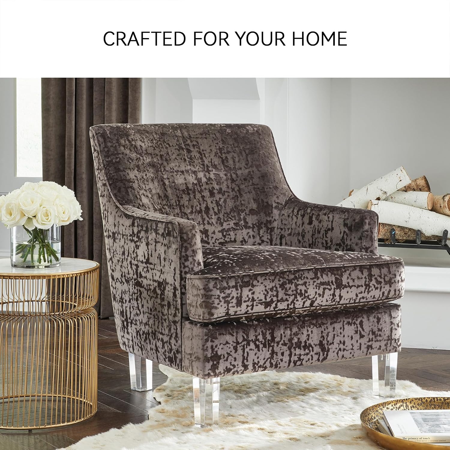 Signature Design by Ashley Gloriann Crushed Velvet Glam Accent Chair with Acrylic Legs, Charcoal Gray