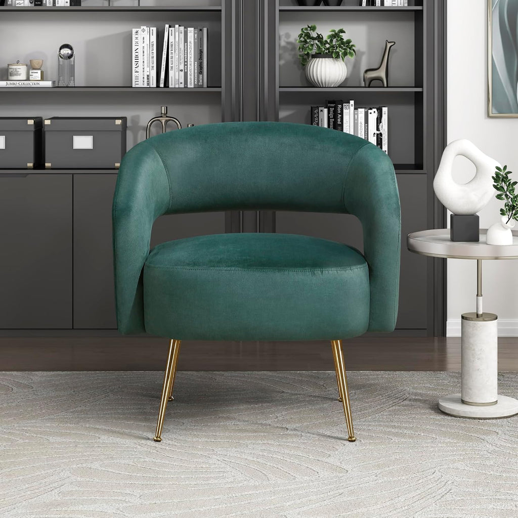 Lexicon Mid-Century Modern Velvet Accent Chair with Open Back, Gold Metal Legs, Upholstered Curved Barrel Armchair for Living Room/Bedroom/Office, Easy Assembly, Dark Green