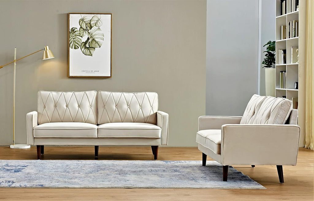Container Furniture Modern Style Tufted Velvet Couches for Living Room with Soft Fabric Upholstery and Solid Wood Frame, 2 Piece Sofa and Loveseat Set, Ivory