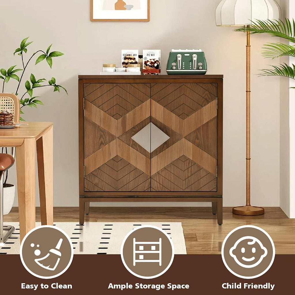 Ahokua Mid-Century Modern Wood Accent Cabinet with 2 Carved Doors, Geometric Storage Sideboard with Adjustable Shelf for Living Room, Hallway or Entryway, Brown